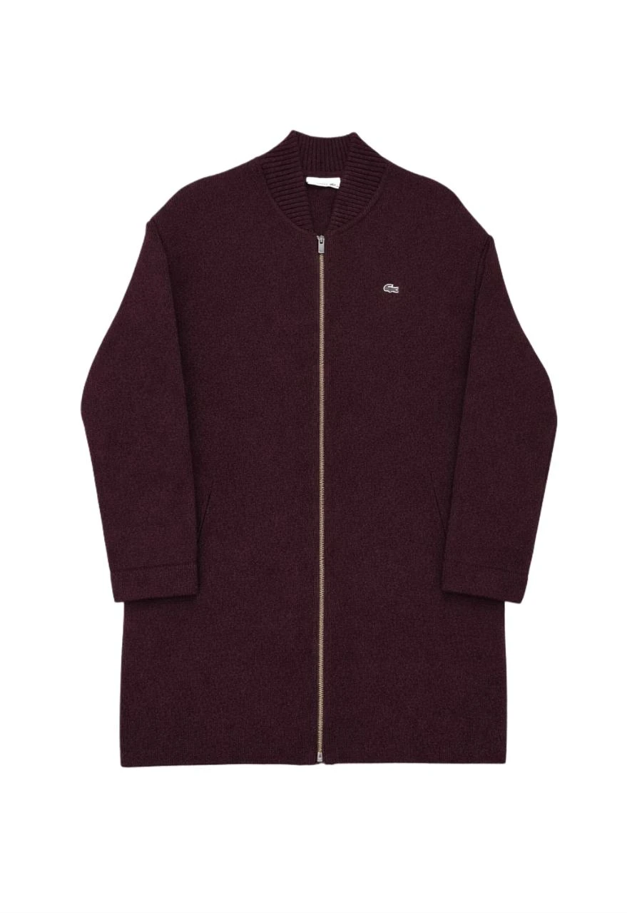 Gilet Long Lacoste 100% Laine Bordeaux Zippé Logo Brodé - S/M